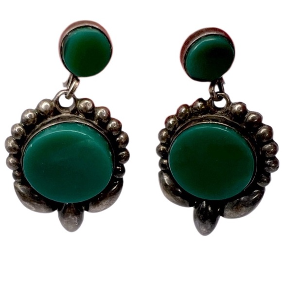 Taxco Jewelry - Vintage Mexico Sterling Silver Green Stone Screw Back Earrings Palco